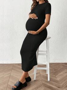 SHEIN Robe décontractée à manches courtes à col rond, ajustée et côtelée, de couleur unie pour femme enceinte