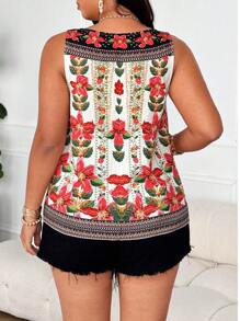 Flirla Camisola con estampado floral y flecos con nudo delantero para mujer talla grande