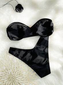 SHEIN Swim 2pcs/Set Solid Color Shiny Fabric Metal Decor Bandeaus Stylish Simple Bikini Set