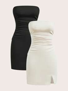 Muchica Women's Solid Color Everyday Knitted Tight Small Slit Mini Dress 2 Pieces Set For Daily Wear - Multicolor - View 6