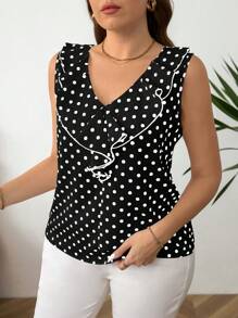 SHEIN Clasi Plus Size Polka Dot Print V-Neck Ruffle Hem Sleeveless Blouse, Suitable For Summer Everyday Wear - Black and White - View 3