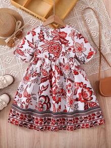 SHEIN Young Girl Casual Matching Mother-Daughter 1pc Floral Print Button Front Smock Dress, Suitable For Daily Casual Wear And Travel And Vacation Wear - White - View 2