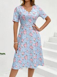 SHEIN Clasi Rochie de vacanță de vară, elegantă, cu decolteu în V, cu decor cu flori albastre, imprimeu subțire - Multicolor - Vizualizare 4