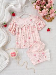 2pcs Baby Girl/Toddler Girl Cute Strawberry Rabbit All Over Print Elegant Casual Ruffled Collar Short Sleeve Top And Pants Homewear Set, Pink Toddler Young Girls Sets Baby Girl Night Wear Baby Girl Summer Clothes Baby Girls Pajamas Baby Girls Sets Elegant
