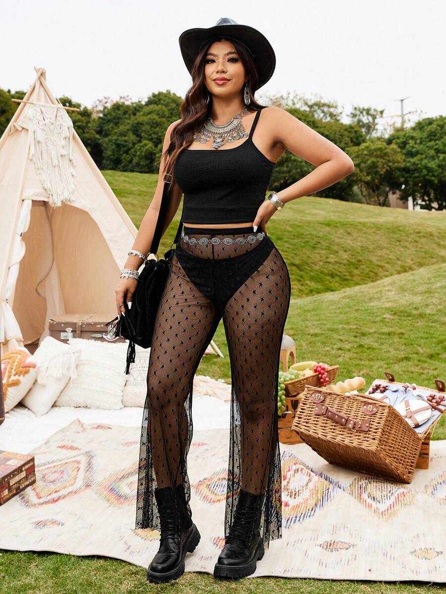 SHEIN LUNE سراويل بوهيمية بتصميم خماسي النجوم من الشبك الشفاف لحفلات الموسيقى مقاس كبير للنساء - الأسود - مشاهدة 1