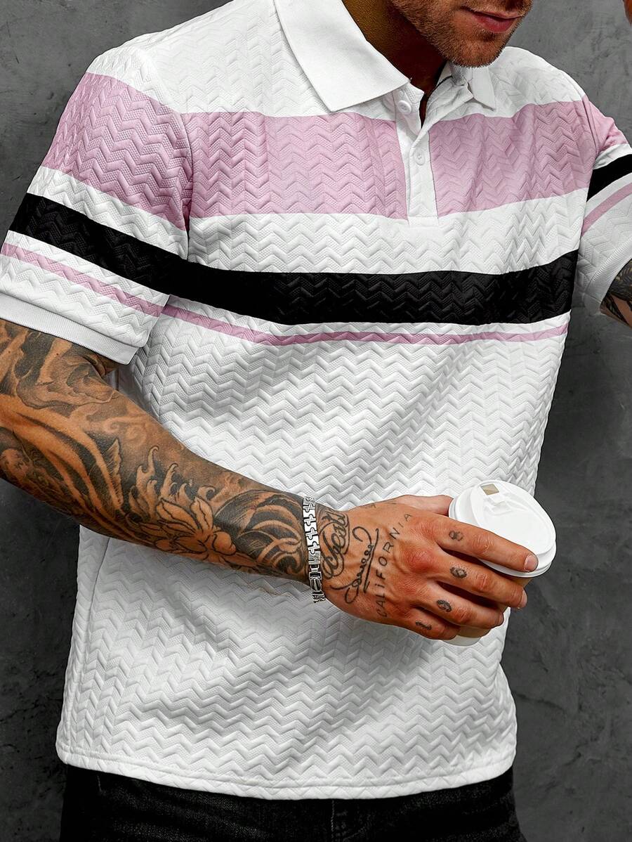 Manfinity CasualCool Men's Casual Colorblock Textured Short Sleeve Commuter Jacquard Polo Shirt , Polo Shirt For Men , - Multicolor - View 1