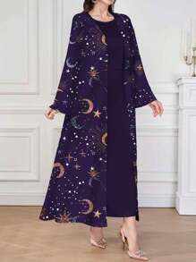 Al Najma Women Moon & Star Print Long Sleeve Open Front Arabian Abaya - Purple - View 4