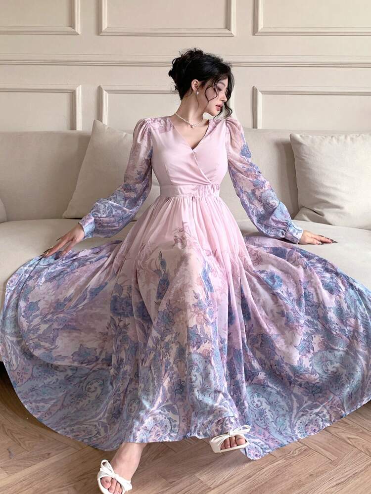 Bohemian Style All-Over Floral Print Square Neck Spring Pastel Midi Dress For Women Elegant,Fall Dress Long Sleeve Dress Easter