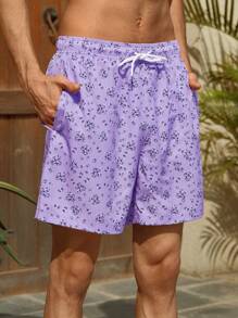 Manfinity VDAYZ Pantalones cortos de playa de cintura con cordón con estampado floral diminuto para novio, estilo hawaiano