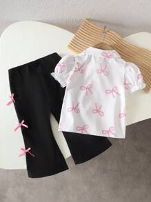 SHEIN Playful Pals 女宝宝韩版可爱全蝴蝶印花短袖翻领衬衫和白色梭织喇叭裤两件套，夏季 - 黑色 - 查看 2