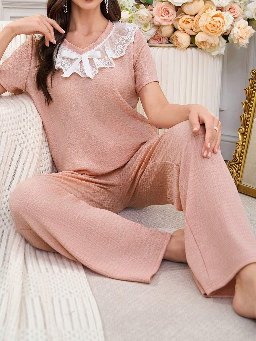 2pcs/Set Women V-Neck Ruffle Lace Sleepwear Set - Dusty Pink - View 1