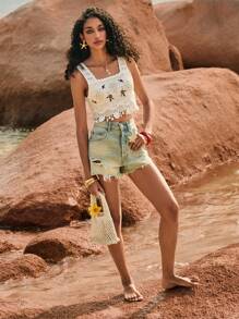 Poéselle Hollow Out Embroidered Beaded Crochet Sleeveless Knit Top, Spring/Summer - White - View 5