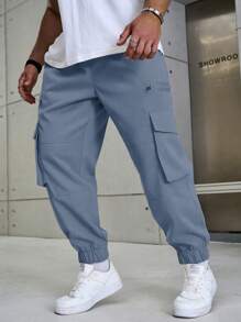 Manfinity Homme Plus Size Men's Casual Drawstring Waist Cargo Pants - Baby Blue - View 7