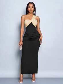 SOLERSUN 四季女装婚礼聚会派对优雅黑杏色拼接不对称单肩无袖聚拢侧开衩针织超长连衣裙 - 黑色 - 查看 3