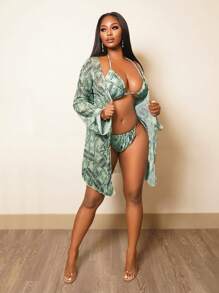 BamGleam 3pcs Set New Tight Fit Multi-Color Camouflage Retro Vintage Coin Pattern Long Sleeve Jacket & Bikini Swimwear For Women For Summer Beach Vacation - Multicolor - View 1