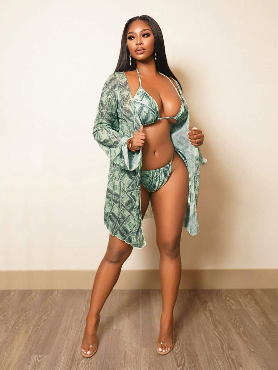 BamGleam 3pcs Set New Tight Fit Multi-Color Camouflage Retro Vintage Coin Pattern Long Sleeve Jacket & Bikini Swimwear For Women For Summer Beach Vacation - Multicolor - View 1