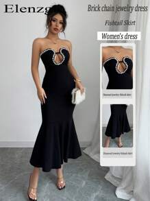 Elenzga Women's Rhinestone Decor Strapless Hollow-Out Fishtail Hem Elegant Dress - Black - View 1