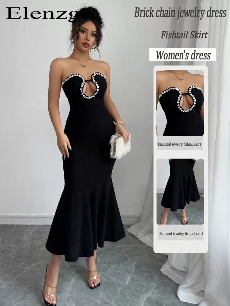 Elenzga Women's Rhinestone Decor Strapless Hollow-Out Fishtail Hem Elegant Dress - Black - View 1