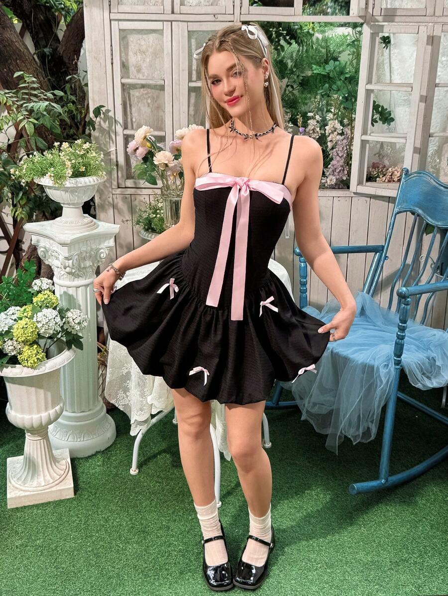 SHEIN Teen Girl Colorblock Floral Lace Trim Bow Decor Jacquard Dress