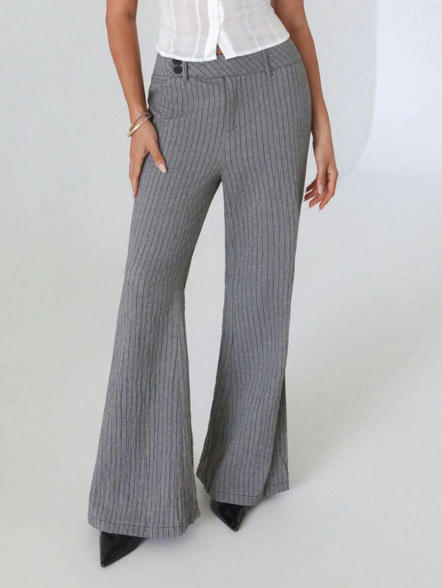 Roylia Women's Asymmetrical Waist Loose Flared Pants, Elegant Striped Design Fall Cloth For Women - Grey - View 1