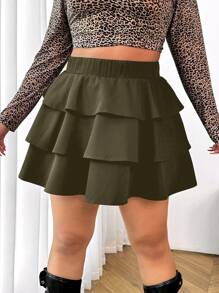 SHEIN EZwear Plus Size Women Military Green Ruffle Hem Short Skirt - Army Green - View 3