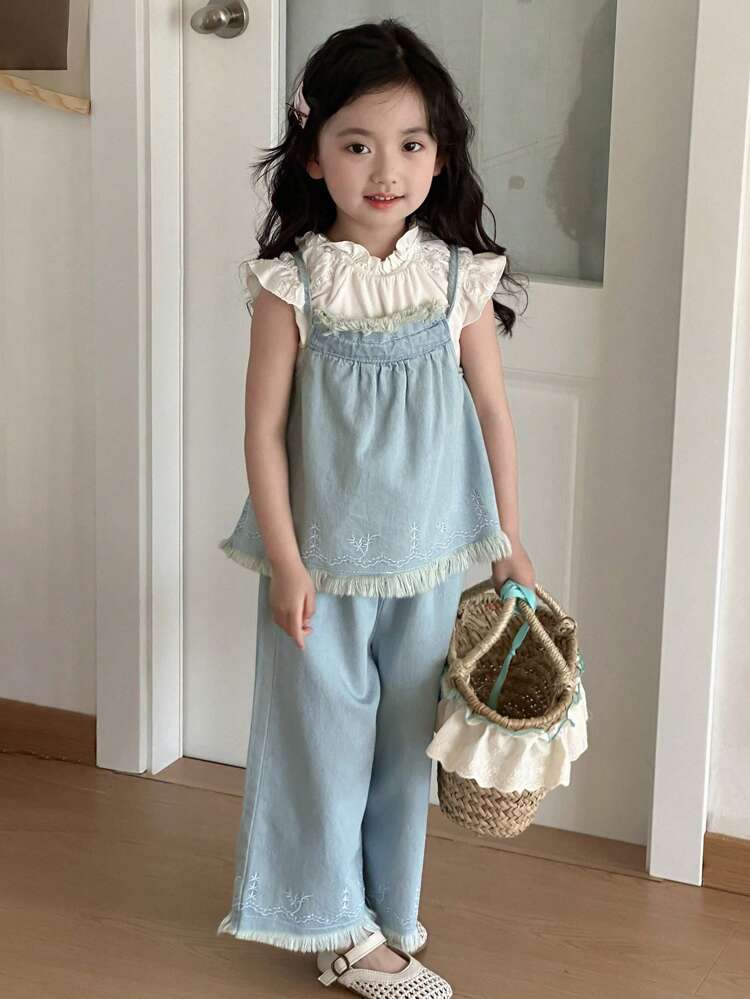 Young Girl Fall Clothes Set: Sleeveless Suspender + Denim Pants, Spring & Summer Young Girl Denim Outfit