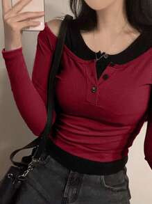 DAZY Women's Button Half-Placket Long Sleeve Casual Versatile Mock Layer T-Shirt Summer,Fall Clothes - Burgundy - View 6