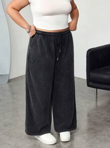SHEIN CURVE+ Pantalones anchos de punto de tiro alto de color negro de talla grande para mujer para uso casual y al aire libre, pantalones anchos de tela fresca - Negro - Ver 3