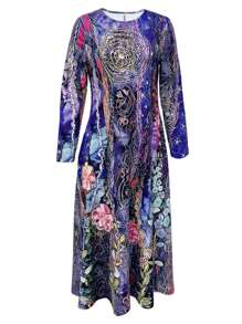 女士花卉印花圆领长袖口袋休闲连衣裙 - 彩色 - 查看 3