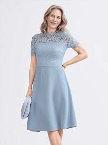Miaspire Robe mi-longue élégante en dentelle avec empiècement, manches courtes, taille cintrée, bleu clair, convient pour les mariages et les événements sociaux