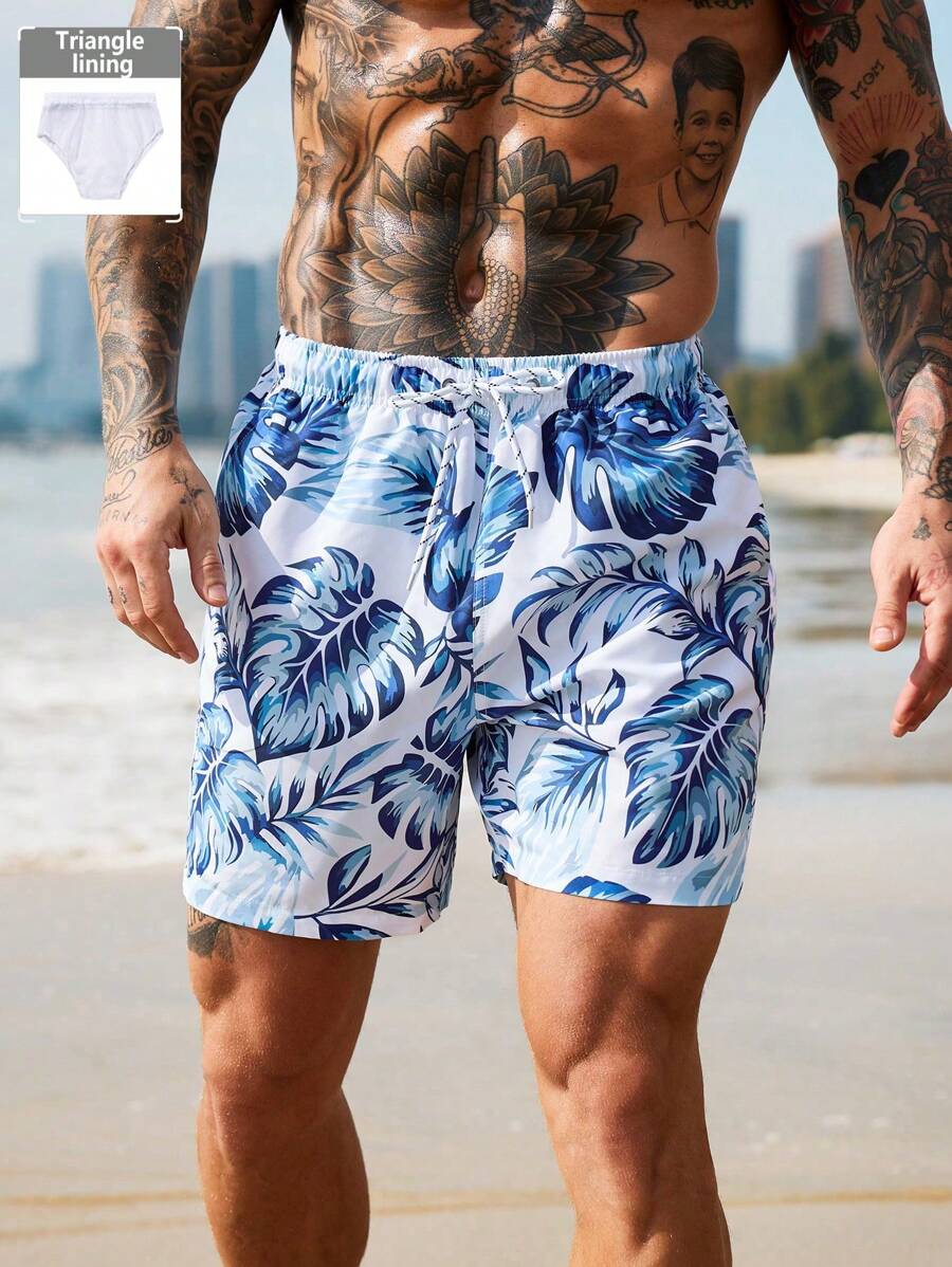 Surfspeed Men's Simple Classic Casual Beach Shorts Men Swim Trunks - Blue and White - View 1