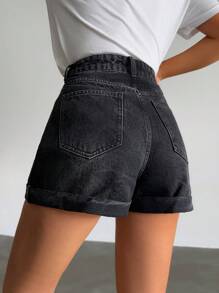 RueChic Summer Casual Washed Fringed Hem Denim Shorts - Black - View 2