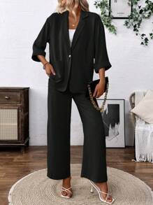 Franclia Women's Solid Color Mottled Lapel Long Sleeve Blazer And Pants Casual Suit Set