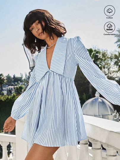 Easelle تنورة صغيرة مُنسوجة بأكمام فانوس وخطوط زرقاء ملابس كاجوال للسيدات