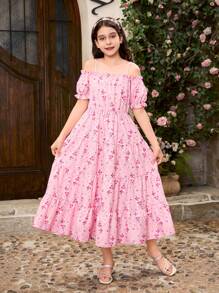 SHEIN 1 件 Tween 女童花卉印花连衣裙，可爱设计，休闲简约风格，采用柔软有弹性的数码印花面料制成，适合日常穿着、聚会和拍照 - 粉色 - 查看 6