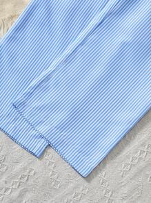 SHEIN 2pcs/Set Little Girls Bow Embellished Round Neck Ruffle Sleeve Tee And Striped Pants Set - Multicolor - View 3