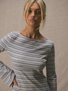 MUSERA 船领超大圆背条纹修身喇叭长袖迷你连衣裙春夏可爱假期可爱性感优雅假日海滩伊比沙岛狂欢秋季返校约会之夜、夜间外出、生日圣诞节