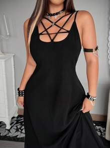 Whyspr Grunge Punk Rave Style Loose Plus Size Dark Gothic Strap Dress - Black - View 5