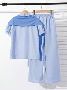 Conjunto de 3 piezas para adolescentes/chicas adolescentes: camisa de manga corta azul a rayas holgada y casual, capa azul decorativa, pantalón cargo holgado y tejido de pierna ancha, adecuado para el verano