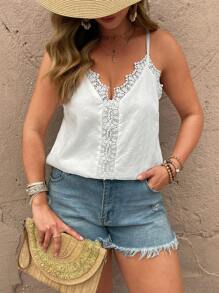 Breezaya Plus Size Women's Casual Vacation Summer V-Neck White Lace Stitching Embroidered Camisole