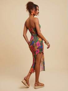 Travachic 女士热带植物印花镂空长款露背连衣裙，度假风格 - 玫紅色 - 查看 2