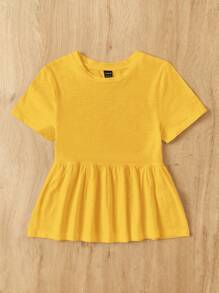 SHEIN EZwear 女士黄色针织圆领短袖荷叶边下摆休闲 T 恤 - 黃色 - 查看 5