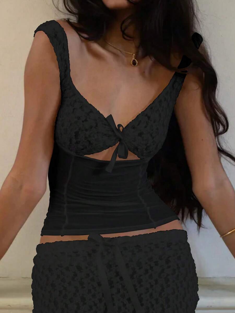 Women's Solid Color Thick Strap Knotted Tank Top, Casual Summer - Black - View 1