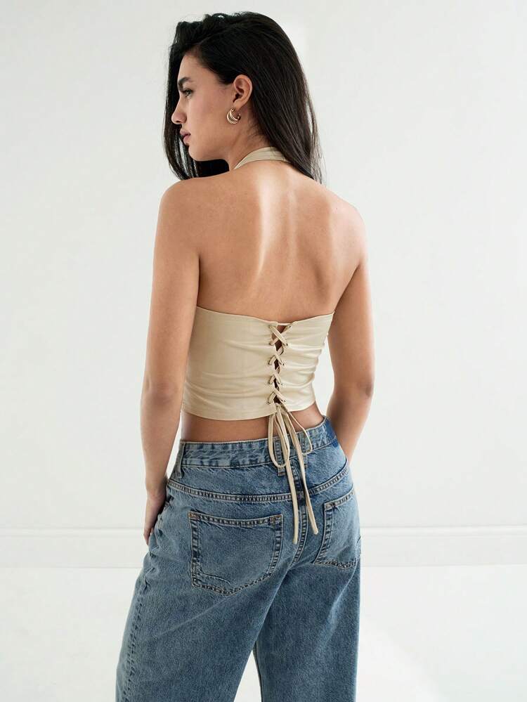 SHEIN Maija 2025 Summer New Women Pale Apricot Halter Neck Backless 3D Floral Decor Tie-Up Beach/Party/Wedding Guest Camisole Top, Urban Casual Vacation, Graduation Season