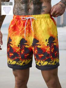 Surfspeed Men's Casual Plant Print Front Tie Beach Shorts, Vacation Style Man Swim Trunks