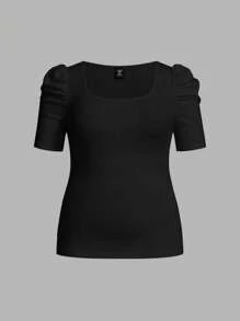 SHEIN Essnce 大码女式夏季休闲紧身方领T恤3件装，夏季，女式可爱上衣，条纹T恤，夏季 - 黑與白 - 查看 9