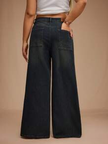 SHEIN Forever 21 Plus Size Women's Extra Long Black Denim Jeans: Wide Leg, Zipper Detail, And Flattering Fit - Black - View 2