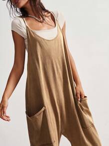 Bohemela Plus Size Women's Solid Color Loose Casual Jumpsuit With Dual Pockets