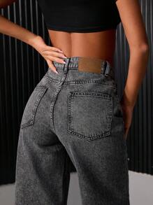 EURMUSE 女式纯色休闲百搭口袋阔腿牛仔裤 - 灰色 - 查看 6