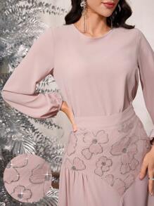 Modelyn 2pcs Solid Color Patchwork Texture Crew Neck Long Sleeve Top And Midi Skirt Set - Pink - View 1